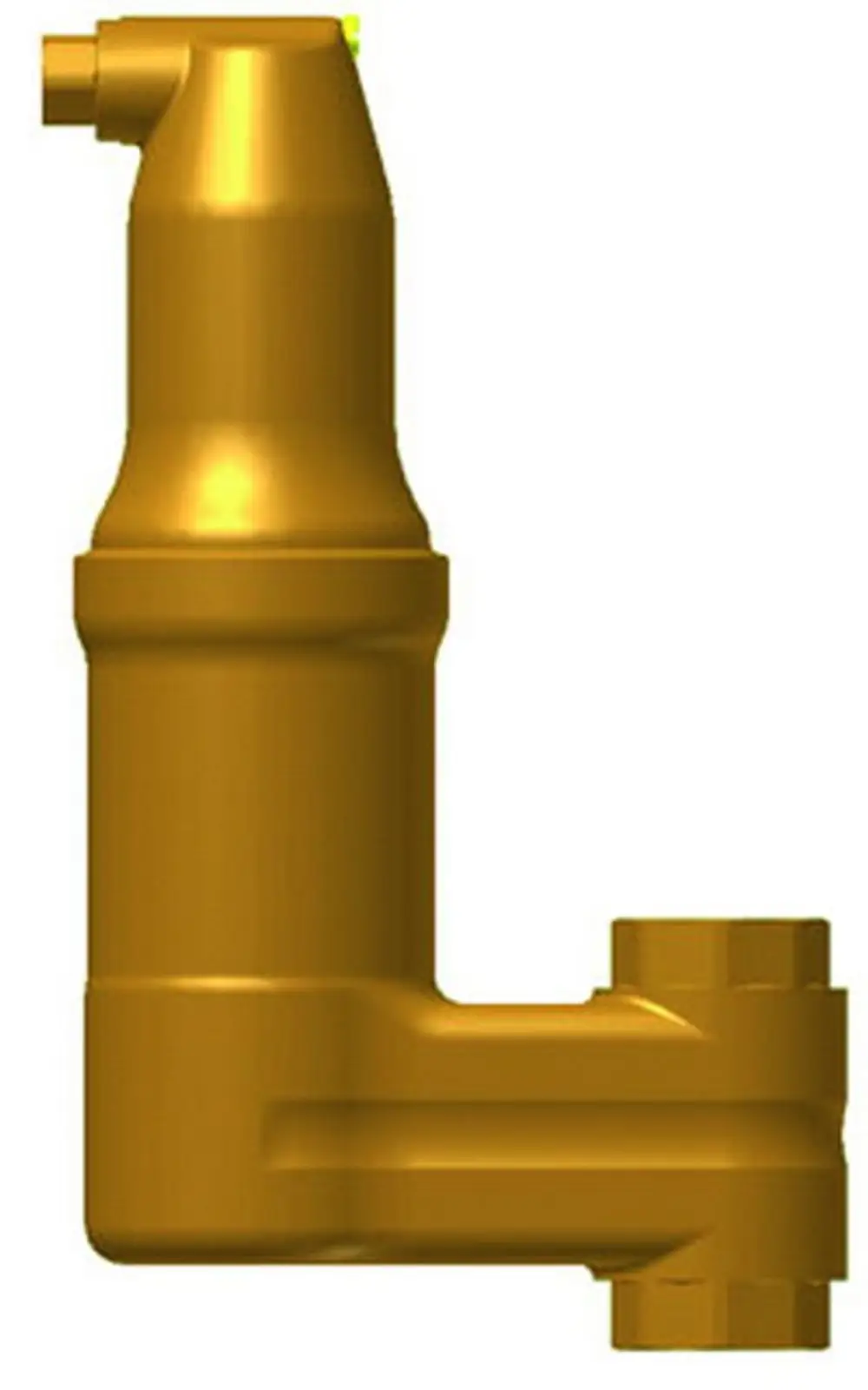 Gelbes pneumatisches Bauteil mit einem L-förmigen Design und mehreren Anschlussstellen. Teil der IMI Hydronic Engineering Produktreihe.